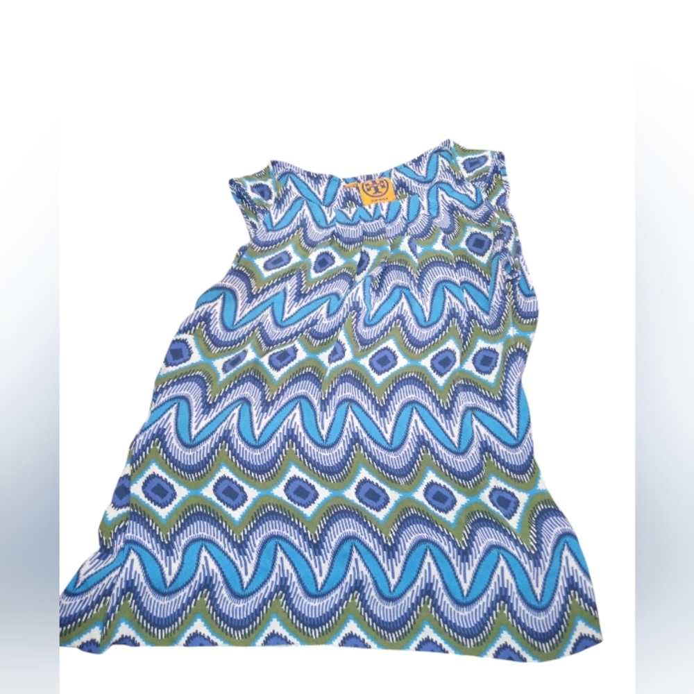Tory Burch Blue and Green Geometric Patterned Top